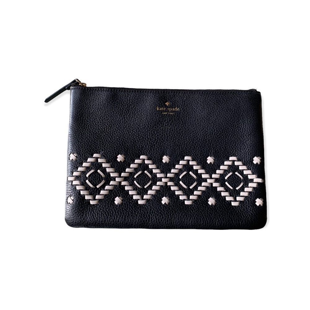 Kate Spade Black Leather Zip Pouch with White Woven Pattern